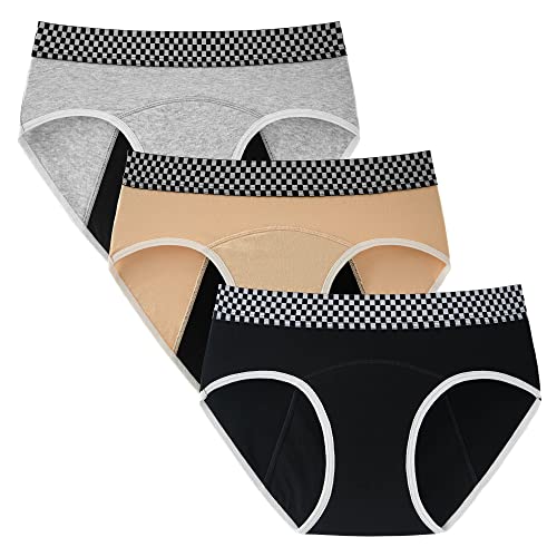 INNERSY Periodenunterwäsche Teens Menstruation Unterwäsche Mädchen Period Panties Baumwolle 3 Pack (10-12 Jahre, Schwarz+Beige+Grau) von INNERSY