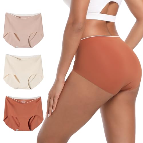 INNERSY Seamless Slips Damen Microfaser Unterhosen Nahtlos Hohe Taille Slips ohne Naht Mehrpack 3 (XL, Karamellfarbene Serie) von INNERSY