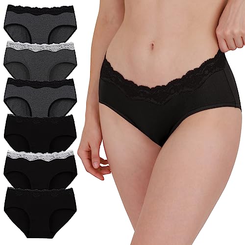 INNERSY Sexy Unterwäsche Damen Spitze Bikinis Baumwolle Taillenslips 6er Pack (38, Schwarz/Grau) von INNERSY