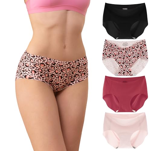 INNERSY Slip Damen Nahtlos Mikrofaser Unterhose ohne Naht Frauen Weich Hipster Pantys Bunt 4er Pack (L, 1 Rosa Leopard/3 Unifarben) von INNERSY