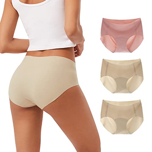 INNERSY Slip Damen Nahtlos Spandex Unsichtbare Unterhosen Seamless Hipster Unterwäsche 3 Pack (M, Rosa/2 Beige) von INNERSY