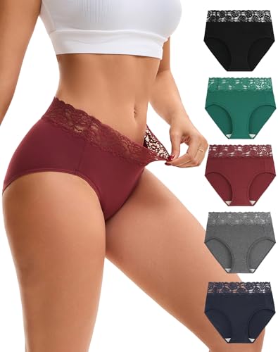 INNERSY Slip Damen Spitze Unterhosen Hohe Taille Unterwäsche Baumwolle Schlüpfer Slips Mehrpack 5 (XXL, Dunkle Mehrfarbig) von INNERSY