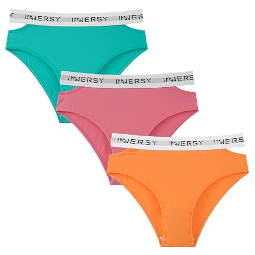 INNERSY Slips Damen Baumwolle High Waist Unterhosen Sport Unterwäsche Pantys Hohes Bein 3er Pack (XL, Rosa/Grün/Orange) von INNERSY