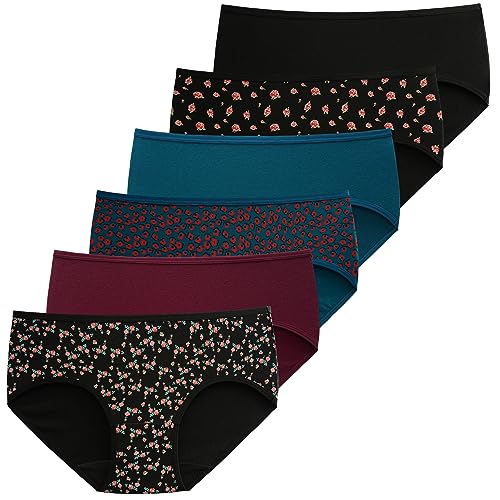 INNERSY Slips Damen Baumwolle Unterhosen Weiche Hipster Unterwäsche Frauen Panties Mehrpack 6 (XXL/46 EU, 3 Blumenmuster/3 Einfarbig) von INNERSY