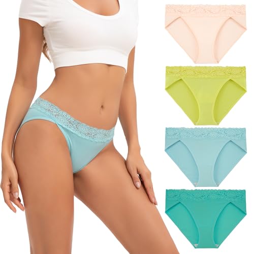 INNERSY Slips Damen Baumwolle mit Spitze Unterhosen Hohes Bein Hipster Panties Bunt Mehrpack 4 (M, Helle Macaron-Farben) von INNERSY