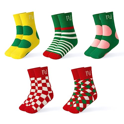 INNERSY Socken Weihnachten Kinder Socken Jungen Baumwolle Kindersocken Bunte Socken Mädchen 5 Paar (27-30, Rot Grün Gelb Serie) von INNERSY