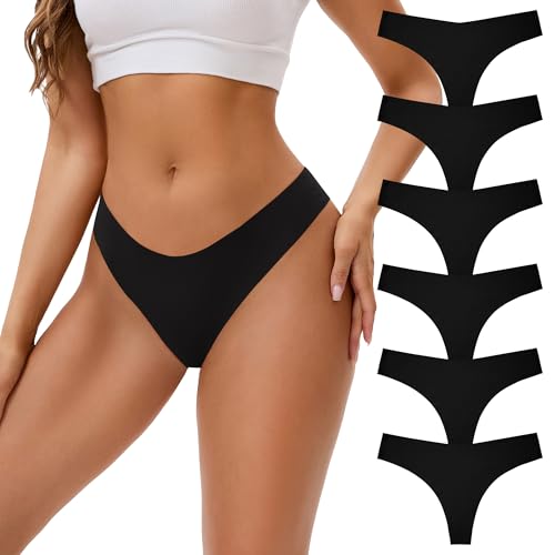 INNERSY String Tanga Damen Schwarz Nahtlos Seamless String Unsichtbare Unterwäsche Thong 6 Pack (M, 6 Schwarz) von INNERSY