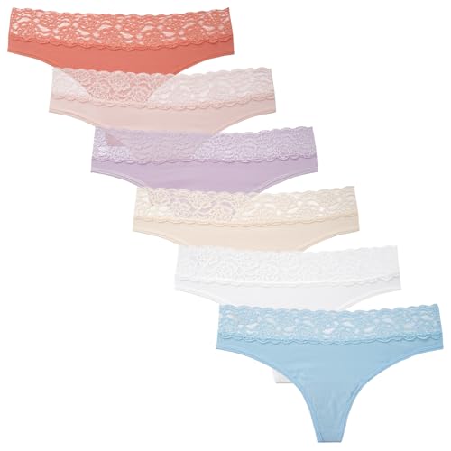 INNERSY Tanga Damen Baumwolle Hipster String Spitze Sexy Unterwäsche Frauen Strings Mehrpack 6 (XL, Macaron Mehrfarbig) von INNERSY