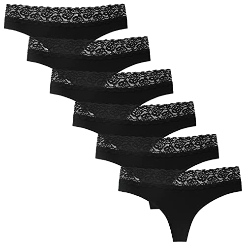 INNERSY Tanga Damen Sexy Spitze Baumwoll String Schwarz Hipster Pantys Bequeme Thong 6er Pack (XL, 6 Schwarz mit Spitzenbund) von INNERSY