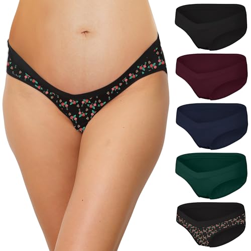 INNERSY Umstands Unterhosen Damen Niedrige Taille Schwangerschaftsunterhose Umstandsmode 5 Pack (S, 1 Rose Drucken/4 Klassisch Dunkel) von INNERSY