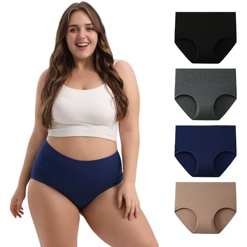 INNERSY Unterhosen Damen Baumwolle Übergröße Schlüpfer Große Größen Unterwäsche Slip 4 Pack (48-50, Schwarz/Dunkelblau/Grau/Khaki) von INNERSY