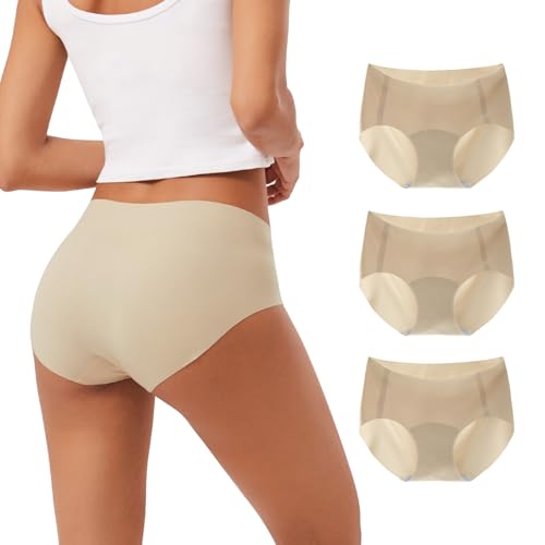 INNERSY Unterhosen Damen Nahtlos Hautfarben Unterwäsche Microfaser Slip Seamless Panty 3er Pack (L, 3 Beige) von INNERSY