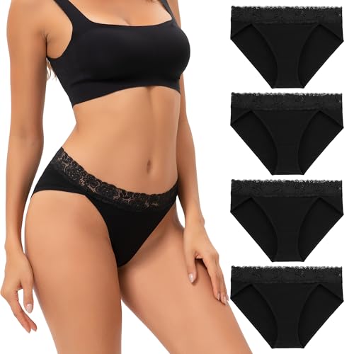 INNERSY Unterhosen Damen Schwarz Spitze Baumwoll Unterwäsche Slip Hoher Beinausschnitt 4er Pack (S, 4 Schwarz) von INNERSY