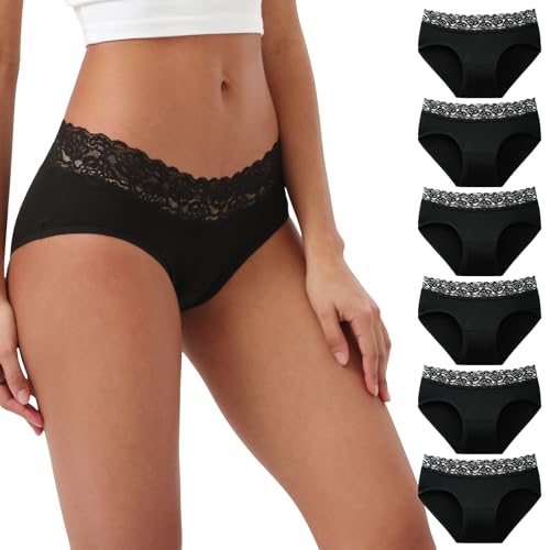 INNERSY Unterhosen Damen Spitze Schwarz Slips Baumwolle Unterwäsche Frauen Pantys 6er Pack (40, 6 Schwarz) von INNERSY