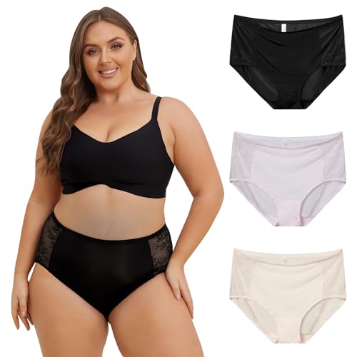 INNERSY Unterhosen Damen Übergrößen Slip Spitze Unterwäsche Hohe Taille Panty Mikrofaser Sommer 3 Pack (48-50, Schwarz/Beige/Hellviolett) von INNERSY