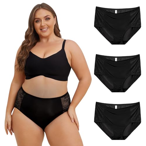 INNERSY Unterhosen Große Größen Damen Schwarz Spitzen Unterwäsche Frauen Hoher Bund Taillenslip 3 Pack (48-50, 3 Schwarz) von INNERSY