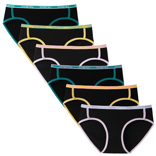 INNERSY Unterhosen Mädchen Schwarz Unterwäsche Teenager Baumwolle Sport Hipster Pantys 6er Pack (12-14 Jahre, Schwarz mit Linien) von INNERSY