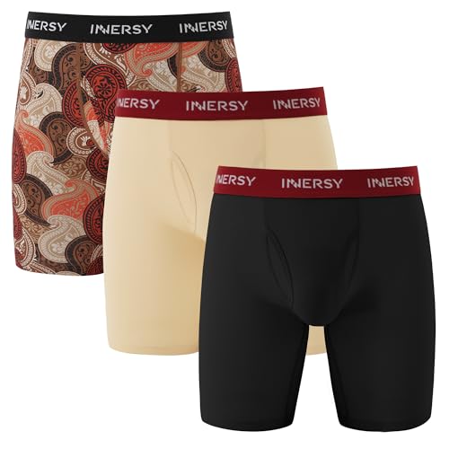 INNERSY Unterhosen Männer Lang Boxershorts Herren Sport Unterwäsche mit Eingriff Polyamid Mehrpack 3 (M, Schwarz/Lichtgelb/Muster) von INNERSY