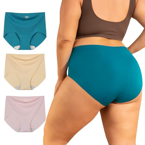 INNERSY Unterhosen Übergrößen Damen Hohe Taille Microfaser Unsichtbare Unterwäsche Slips Mehrpack 3 (60-62, Blau/Beige/‌Lila) von INNERSY