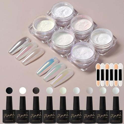 6 x White Moon Light Pearl Aurora Nail Powder + 9 Black White Gel Polish, Chrome Metallic Mirror Nail Powder, Glitter Holographic Irisierend Mermaid Pigment Nail Powder von INNICON