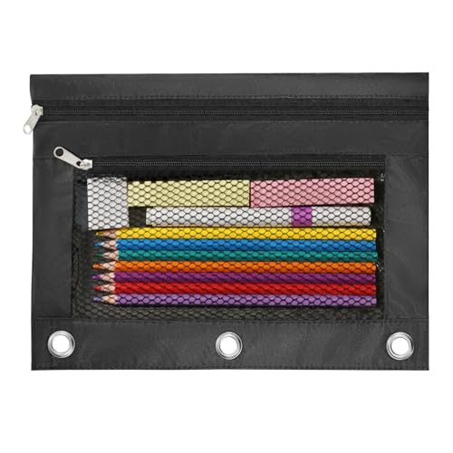 INNOIO Federmäppchen mit 3 Ringen, Oxford-Stoff mit 2 Reißverschlusstaschen, transparentes Netzfenster, B5-Größe für Schule, Büro und Reisen (schwarz) von INNOIO