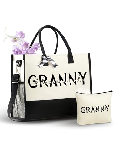 InnoBeta Oma-Geschenke für Oma, Canvas-Tragetasche zu Weihnachten oder Geburtstag, Tragetasche mit Reißverschluss oben und Schultergurt, gesegnete Oma von INNObeta