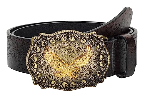 INOGIH Herren-Western-Cowboy-Lederschnallengürtel-mit-Longhorn-Bull-Floral-Graved-Gürtelschnalle für Jeans 33" bis 42" Taille, Adler-dunkler Kaffee, For Waist 31''- 34'' von INOGIH