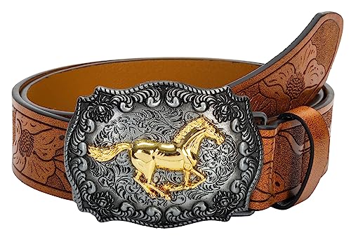 INOGIH Herren-Western-Cowboy-Lederschnallengürtel-mit-Longhorn-Bull-Floral-Graved-Gürtelschnalle für Jeans 33" bis 42" Taille, Pferdebraun, For Waist 34''- 39'' von INOGIH