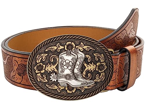 INOGIH Herren-Western-Cowboy-Lederschnallengürtel-mit-Longhorn-Bull-Floral-Graved-Gürtelschnalle für Jeans 33" bis 42" Taille, Stiefel-braun, For Waist 34''- 39'' von INOGIH