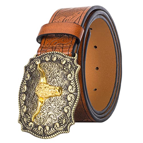 INOGIH Western Cowboy PU Leder Gürtel - Gravierte Blumendekoration Herren Taillengürtel für Jeans 33 "bis 42" Taille, braun, per girovita 84-96 cm von INOGIH