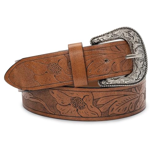 INOGIH Western-Ledergürtel für Damen, Vintage-Taillengürtel mit ausgehöhlter Blumenschnalle, Coffee-style 2, One_Size von INOGIH