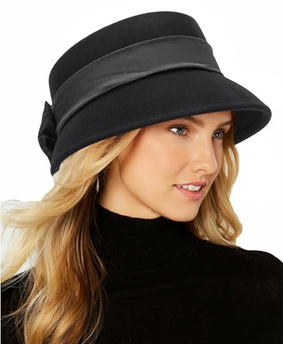 Schwarze Glockenmütze aus reiner Wolle mit Schleife - klassische 20er Jahre Fedora Mütze Beanie Mütze, Schwarz, Medium von INOGIH