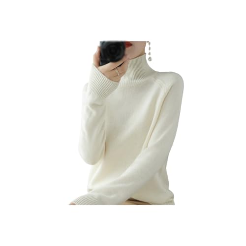 Damen Solid Turtleneck Kaschmir-Strickpullover, cremefarbener Rollkragenpullover, Weihnachtspullover für Frauen (White,M) von INOMAK