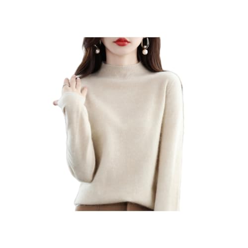 INOMAK Kaschmir-Pullover für Frauen, weicher Kaschmir-Pullover, Rundhalsausschnitt Warmer Pullover, halber hoher Halsausschnitt Ärmel Pullover (Beige,M (50-55 KG)) von INOMAK