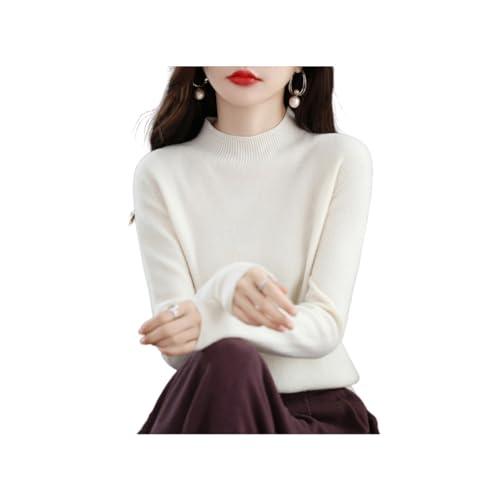 INOMAK Kaschmir-Pullover für Frauen, weicher Kaschmir-Pullover, Rundhalsausschnitt Warmer Pullover, halber hoher Halsausschnitt Ärmel Pullover (White,M (50-55 KG)) von INOMAK