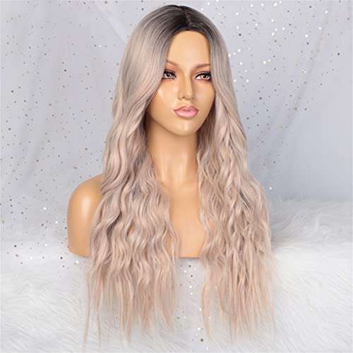 INPETS Lace Front Perücken Kunsthaar Lange Gewellte Perücke Mittelteil Braune Mischung Rosa Perücken Für Frauen Täglich Verwendet Und Cosplay Hitzebeständige Faserperücke,20 inch von INPETS