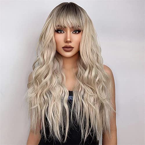 INPETS Lace Front Perücken Kunsthaar Lange Gewellte Perücke Ombré Blonde Perücken Mit Pony Für Den Täglichen Gebrauch Von Frauen Und Cosplay Blonde Hitzebeständige Faserperücke,28 inch von INPETS