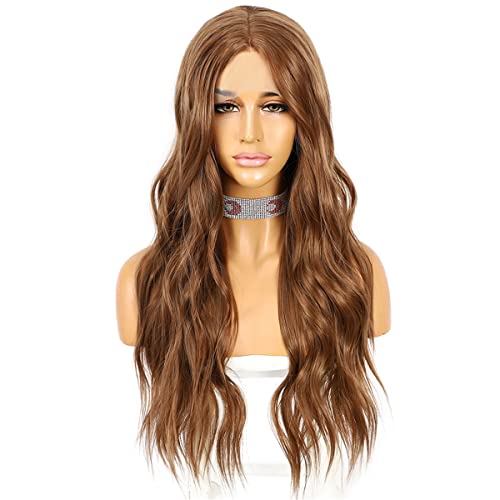 INPETS Lace Front Perücken Kunsthaar Synthetische Lange Gewellte Braune Spitzenperücke Für Frauen Tägliches Make Up Cosplay Party Reisen Strand Urlaub Geschenk Mittelteil Natürliche Perücke,20 inch von INPETS