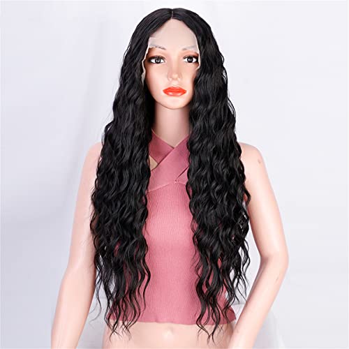 INPETS Lace Front Perücken Synthetische Lange Gewellte Perücke T Teil Lace Front Perücke Mittelteil Schwarze Perücken Für Frauen Täglicher Gebrauch Hitzebeständiges Faserhaar,22 inch von INPETS