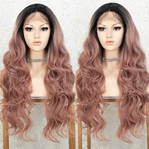 INPETS Synthetische Lace Front Perücken,Ash Pink Lace Front Wig Long Body Wave Synthetic Lace Perücken Mit Natürlichem Babyhaar Ombre Pink Cosplay Perücke Für Frauen,20 inch von INPETS