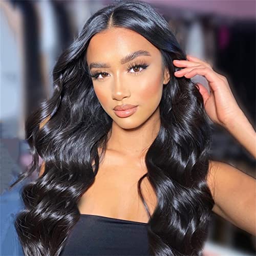 INPETS Synthetische Lace Front Perücken,Körperwelle Synthetische Lace Front Perücken Für Schwarze Frauen Lange Gewellte Hitzebeständige Schwarze Synthetik Perücke Mit Babyhaar,24 inch von INPETS