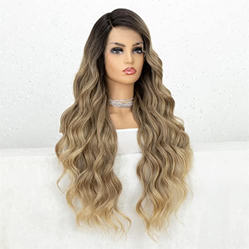 INPETS Synthetische Lace Front Perücken,Lange Körperwellen Spitze Front Perücke Aschblonde Spitzen Perücken Für Schwarze Frauen Hitzebeständige Cosplay Synthetik Spitze Perücke Ombré Perücke,28 inch von INPETS