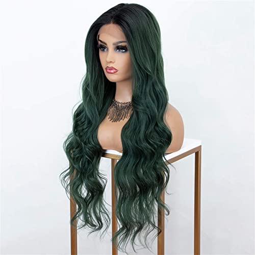 INPETS Synthetische Lace Front Perücken,Lose Gewellte Lace Front Perücke Ombré Grün Synthetische Spitze Perücken Für Schwarze Frauen Hochtemperatur Faserhaar Gewellte Cosplay Perücke,22 inch von INPETS