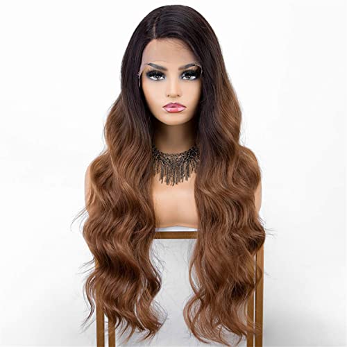 INPETS Synthetische Lace Front Perücken,Ombre Brown Long Wavy Lace Perücken Für Schwarze Frauen Glueless Daily Burgundy Synthetic Lace Wig Hitzebeständige Haarperücke,A,30 inch von INPETS