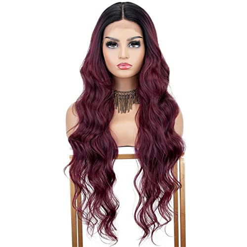 INPETS Synthetische Lace Front Perücken,Ombre Brown Long Wavy Lace Perücken Für Schwarze Frauen Glueless Daily Burgundy Synthetic Lace Wig Hitzebeständige Haarperücke,B,22 inch von INPETS