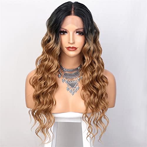 INPETS Synthetische Lace Front Perücken Lange Lockige Schwarze Bis Braune Perücken Für Frauen Ombre Brown Lace Perücken Hitzebeständige Faser Für Den Täglichen Gebrauch,26 inch von INPETS