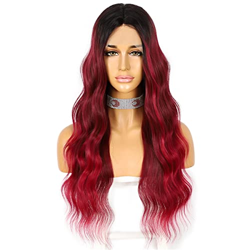 INPETS Synthetische Spitze Front Perücke 1B/99J Synthetische Spitze Perücke Körper Wellen Rote Transparente Spitze Front Perücke Für Frauen Hochhitzebeständige Faser Perücken,20 inch von INPETS