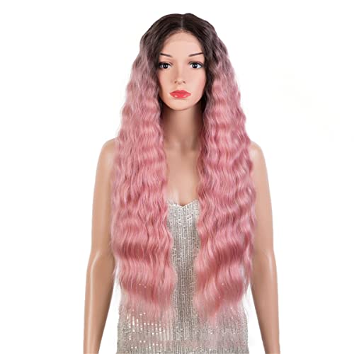 Lace Front Perücken,Rosa Perücke Synthetische Lange Tiefe Wellen Spitze Perücke Für Schwarze Frauen Ombré Blonde Spitze Perücke Wasserwelle Cosplay Perücke Wunder Perücke,A,34 inch von INPETS