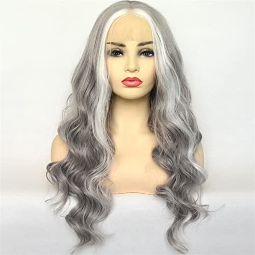 Synthetische Lace Front Perücken,Graue Farbe Highlight White Body Wave Synthetische Lace Front Perücken Cosplay Hitzebeständige Faser Für Frauen,28 inch von INPETS