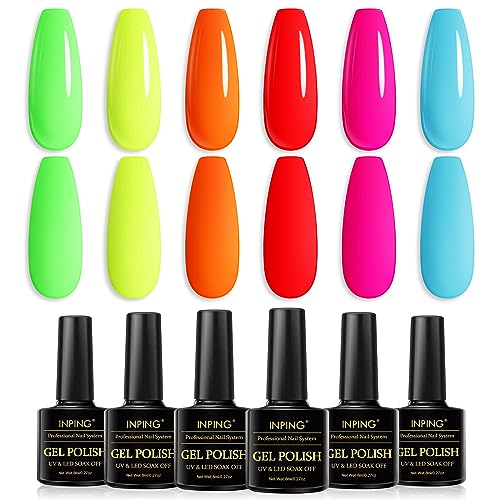 INPING Nagellack Neon, 6 Farben UV Gel Nagellack Set, Hell Regenbogen Zitrone Gelb Rosa Blau Neon Limettengrün Orange Rot Frühling Sommer Gelnägel Soak Off UV für Frauen Home DIY Nagelsalon von INPING